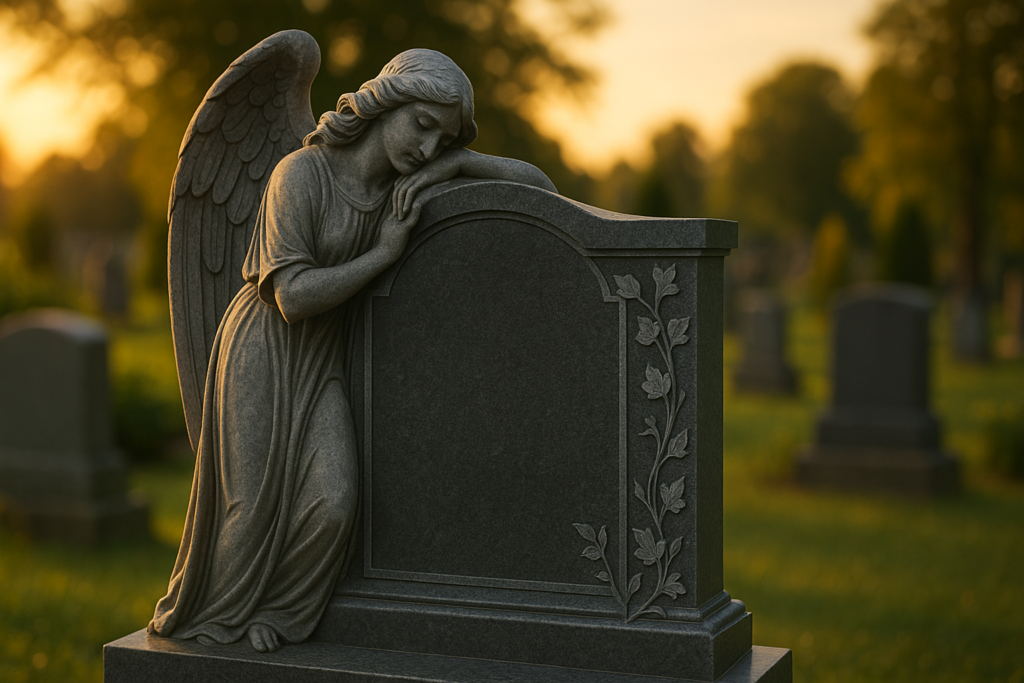 Granitowy nagrobek z aniołem i roślinnymi motywami symboliki