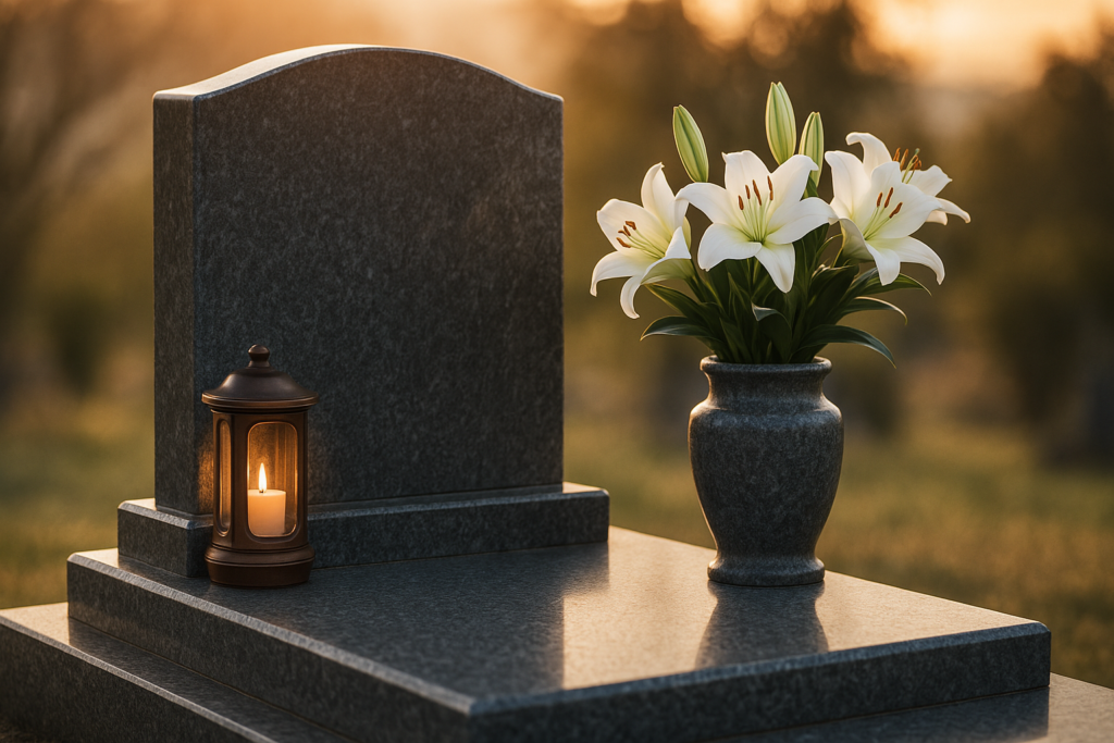Pomnik z eleganckim lampionem i granitowym wazonem, przykład spójnej galanterii nagrobnej