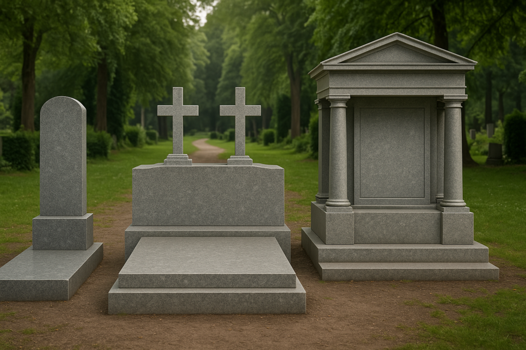 Porównanie nagrobka pojedynczego, podwójnego i rodzinnego w spokojnym otoczeniu cmentarza