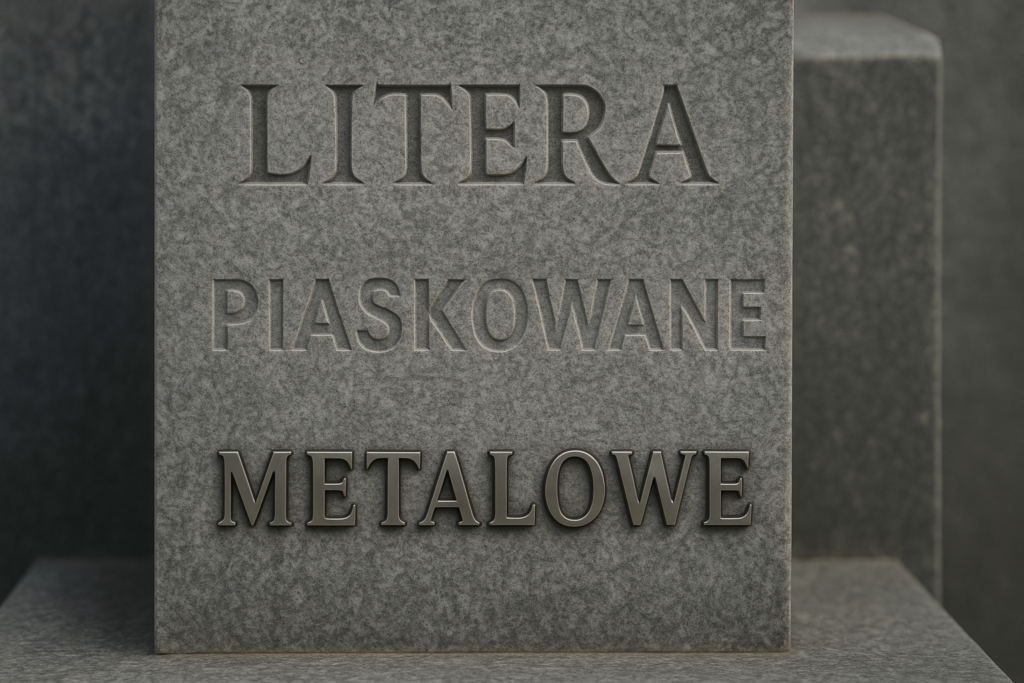 Porównanie liter kutych, piaskowanych i metalowych na pomniku