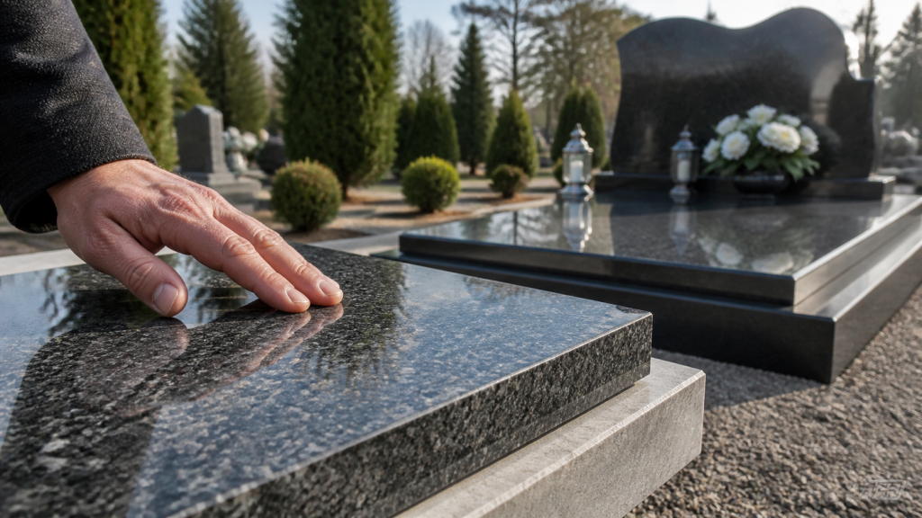 Zbliżenie na wysokiej jakości granit na nagrobek i starannie wykończoną powierzchnię kamienia